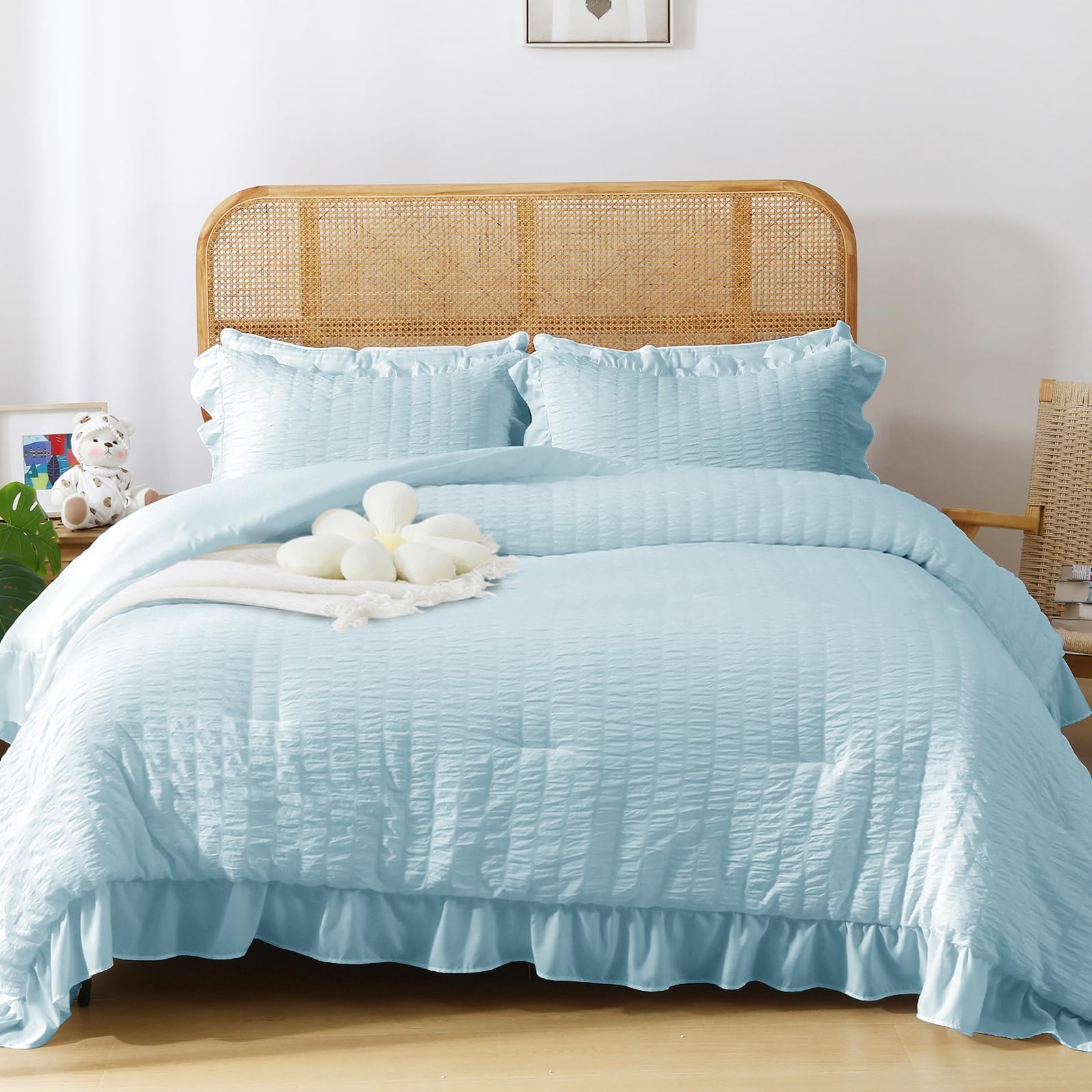 Jollyvogue Light Blue Queen Comforter Set, 3 Pieces Seersucker Comforters Queen Size, Lightweight & Fluffy Bedding Sets For All